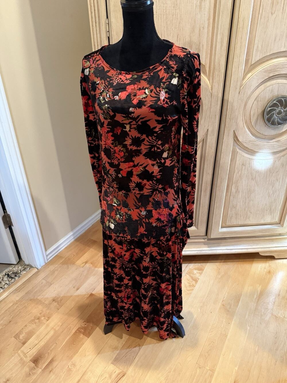 Zara Maxi Dress Womens Small Velvet Burnout Red Black Whimsigoth NWT